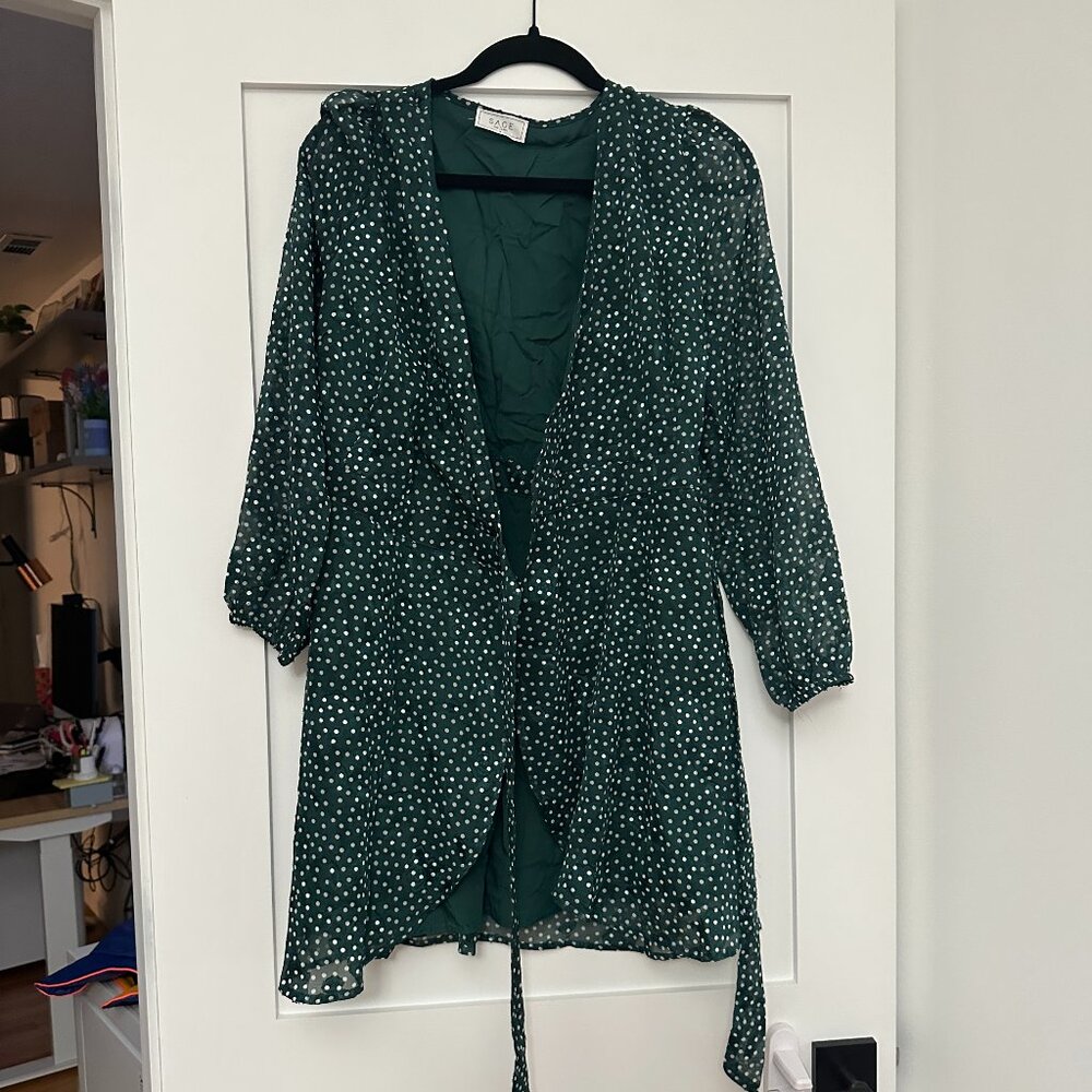 Sage The Label Women's Size Small Layla Polka Dot Wrap Long Sleeve Green Dress